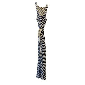 LOFT Blue White Geometric‎ Stripe Maxi Dress Rope Belt Sleeveless Rayon Tencel M